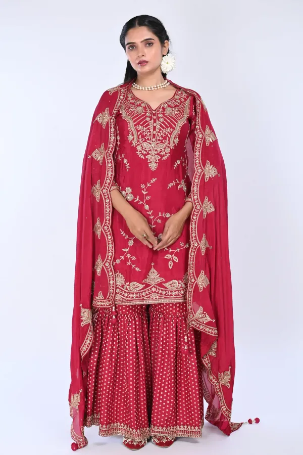Maroon Straight Salwar Kameez suit with Gharara